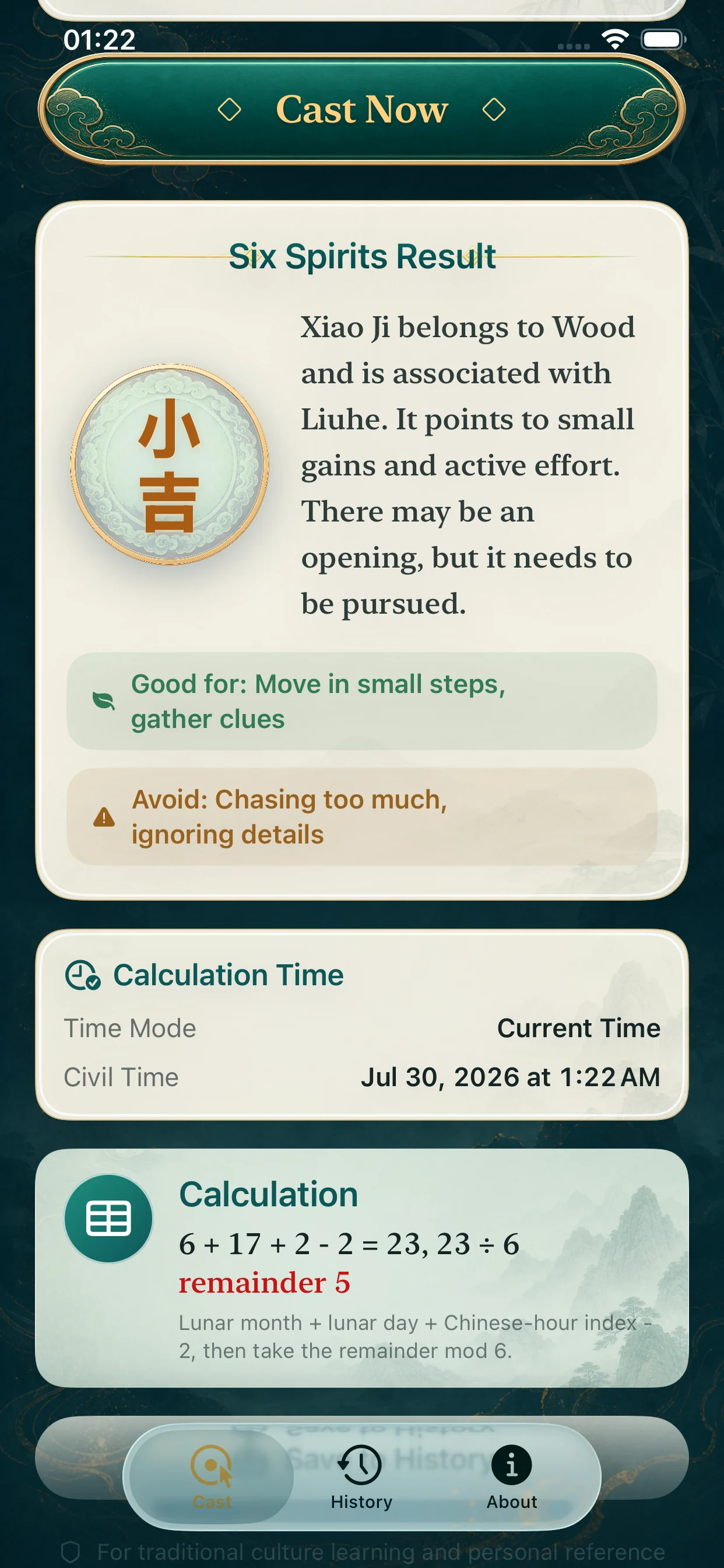 Six Spirits result, time basis, and full calculation